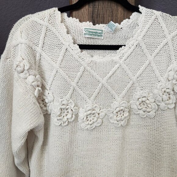 Vintage Shenanigans Women's M Hand Knit Sweater Floral Tunic Grandmacore Cottage - Picture 2 of 14